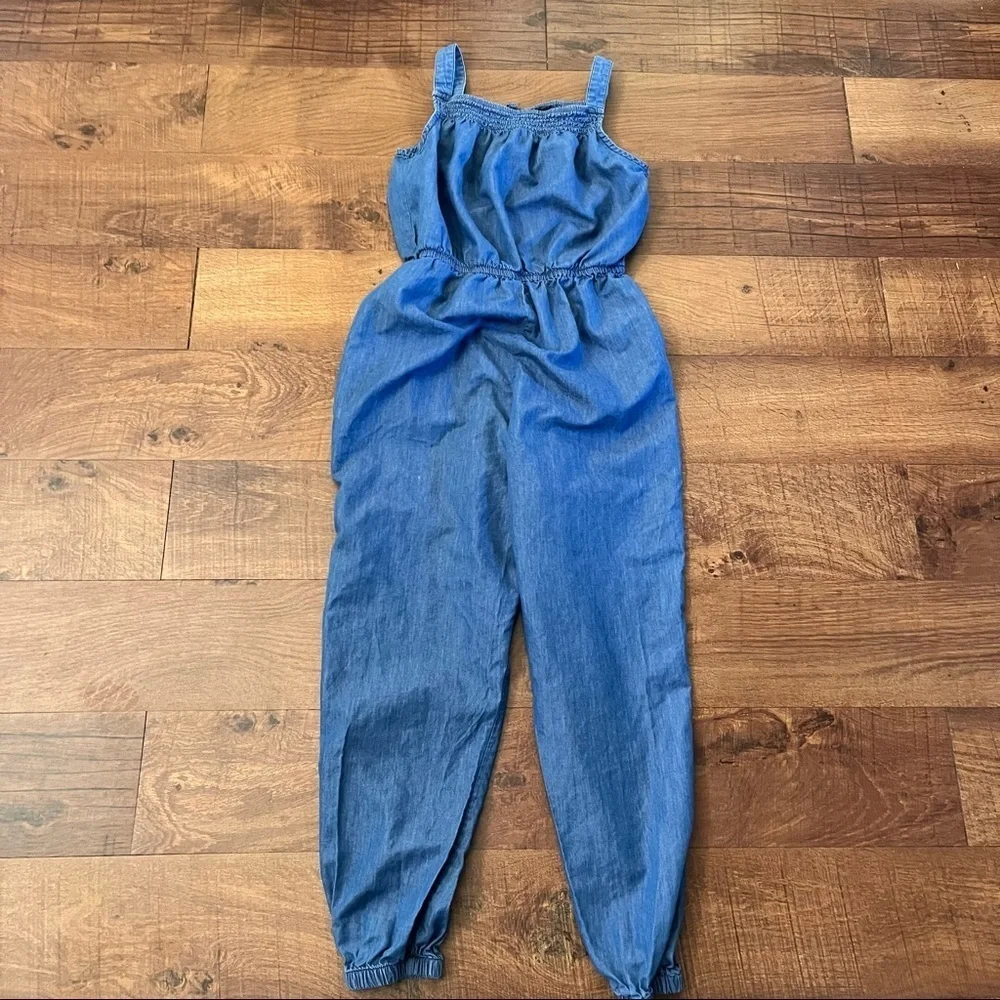 Justice girls romper one piece jeans w/flower design Sz 20 elastic pockets